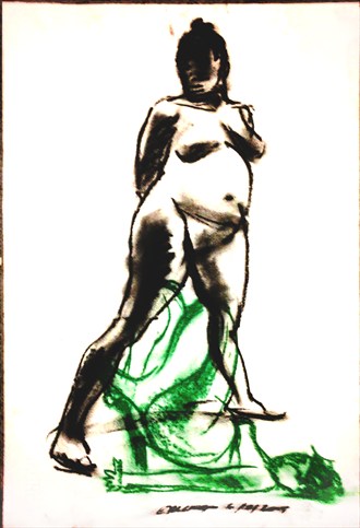WOMAN IN 2 POSES WITH BLACK%7CGREEN Artistic Nude Artwork by Artist MUSEUMOFDRAWING
